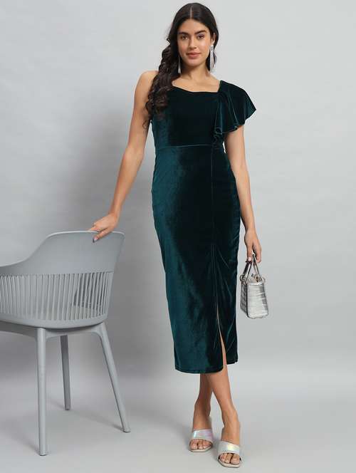 women solid single shoulder velvet bodycon dress - 22030075 - Standard Image - 0
