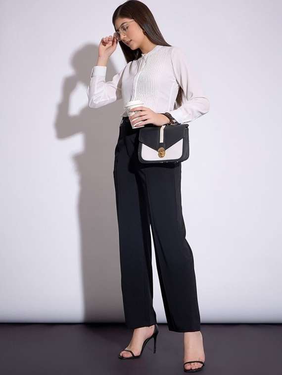 women solid high rise straight trouser - 22030544 -  Standard Image - 4