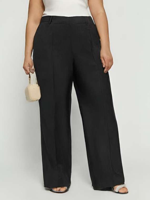 women solid high rise wide leg trouser