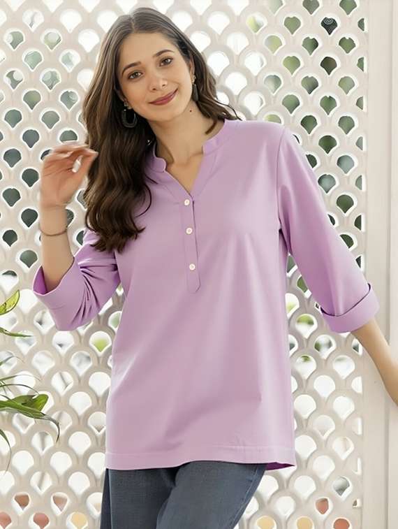 women solid three quarter sleeve tunic - 22030577 - Standard Image - 1
