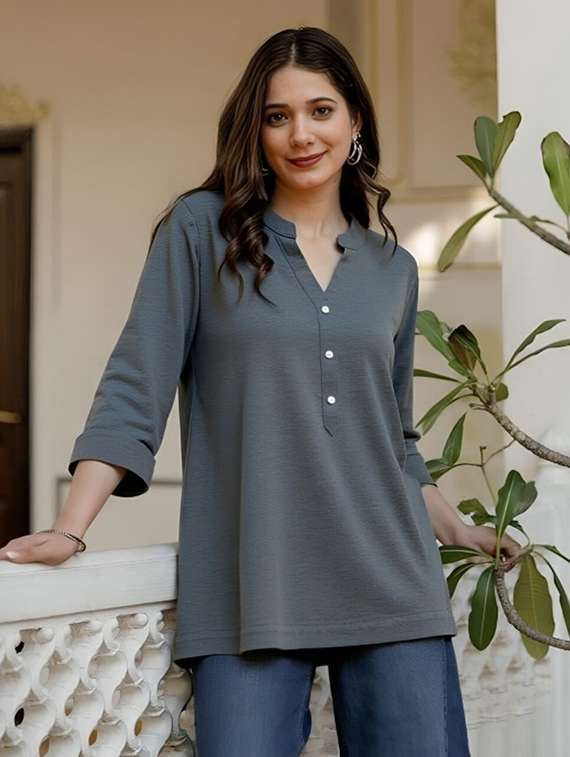 women solid three quarter sleeve tunic - 22030584 -  Standard Image - 1