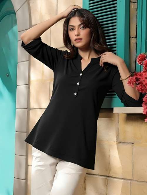 women solid three quarter sleeve tunic - 22030590 -  Standard Image - 0