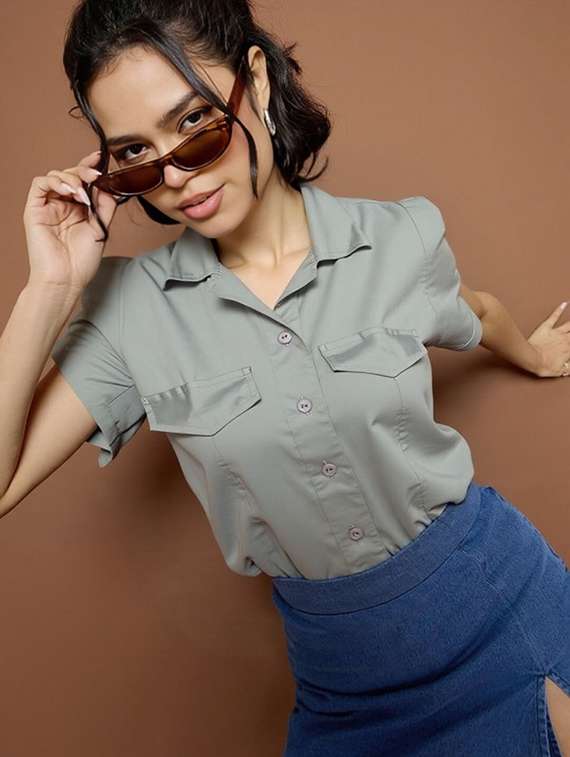 women grey solid short sleeve collared crop shirt - 22030689 -  Standard Image - 1