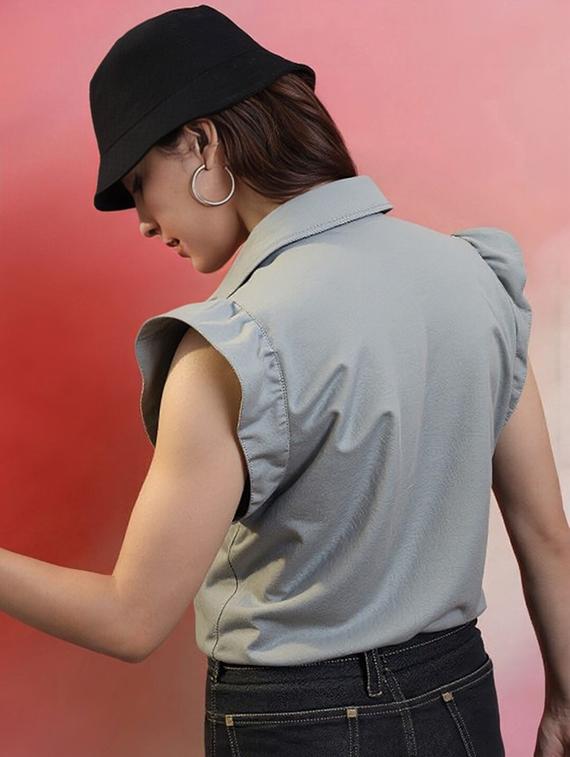 women grey solid short sleeve collared crop shirt - 22030694 - Standard Image - 1