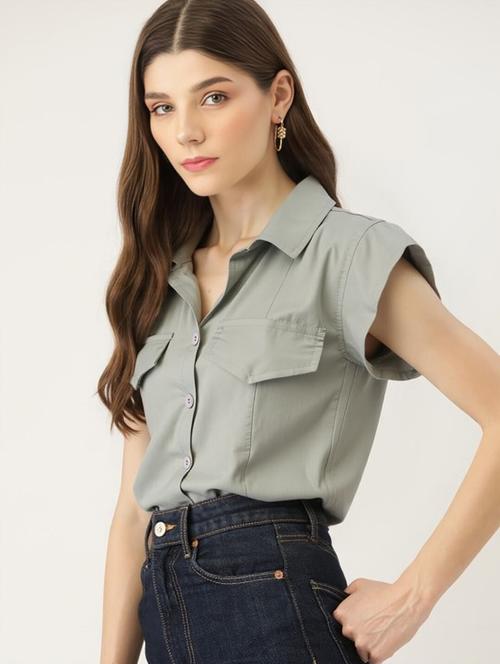 women grey solid short sleeve collared shirt - 22030695 - Standard Image - 0