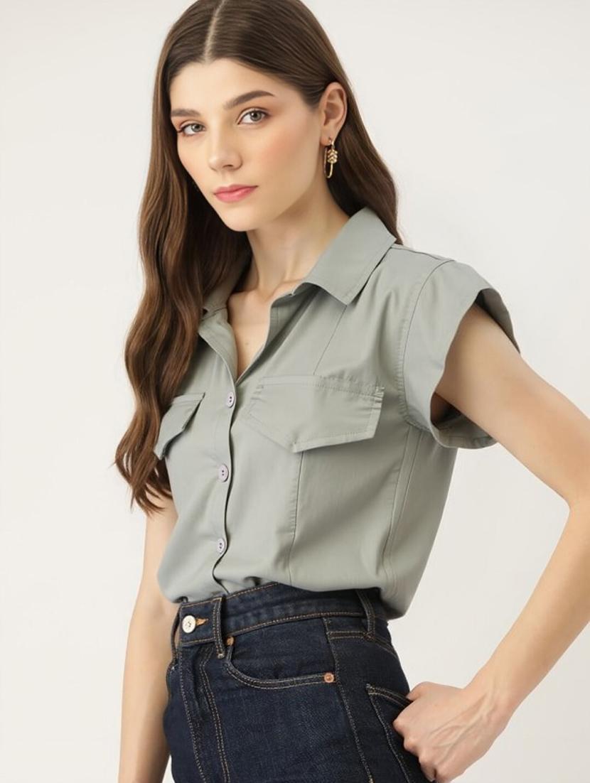 women grey solid short sleeve collared shirt - 22030695 - Zoom Image - 0