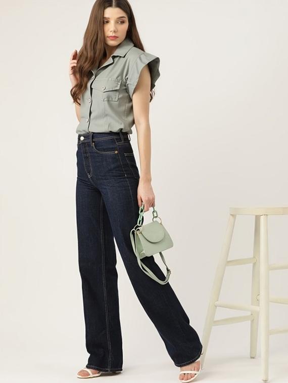 women grey solid short sleeve collared shirt - 22030695 - Standard Image - 1