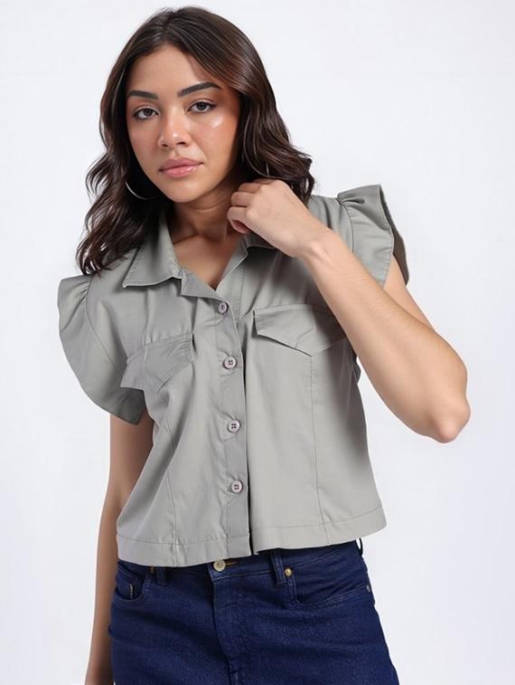 women grey solid short sleeve collared crop shirt - 22030696 -  Standard Image - 1
