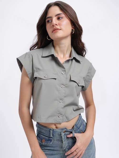 women grey solid short sleeve collared crop shirt - 22030697 -  Standard Image - 0
