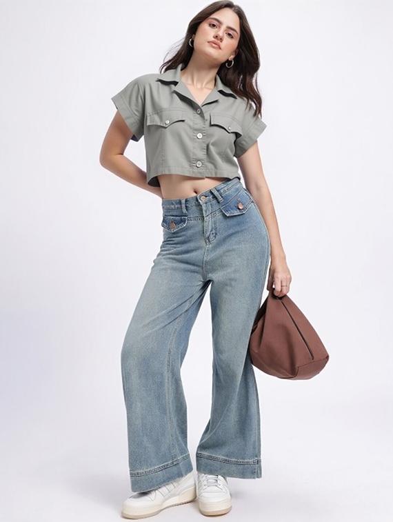 women grey solid short sleeve collared crop shirt - 22030697 - Standard Image - 1