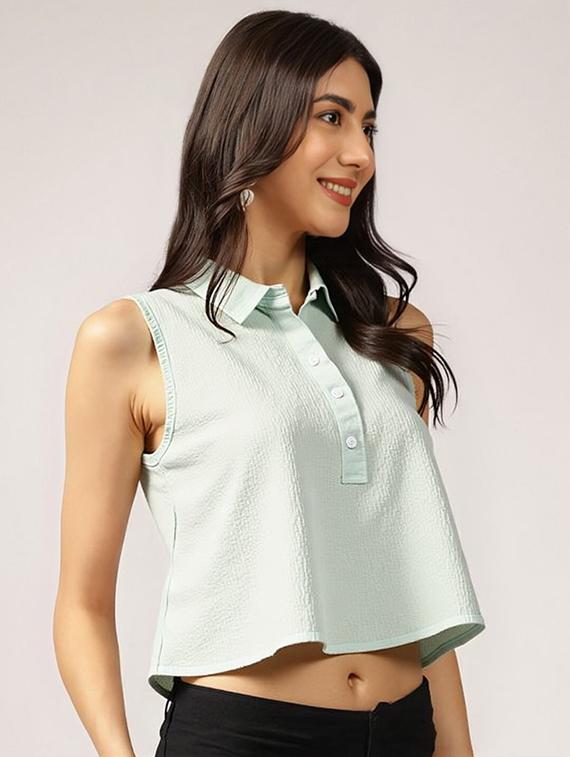 women solid collared regular fit crop top - 22030698 -  Standard Image - 1