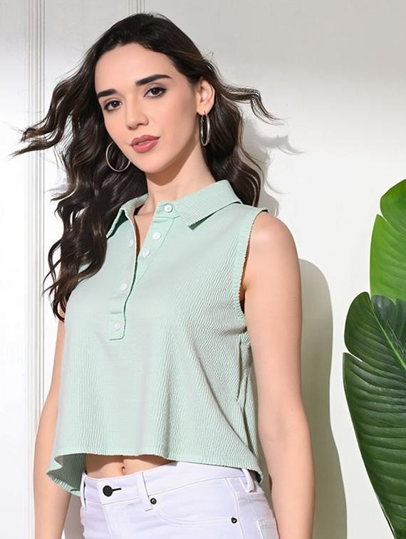 women solid collared regular fit crop top - 22030702 -  Standard Image - 1