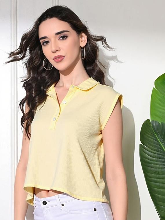 women solid collared regular fit crop top - 22030703 - Standard Image - 1