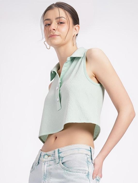 women solid collared regular fit crop top - 22030704 -  Standard Image - 1