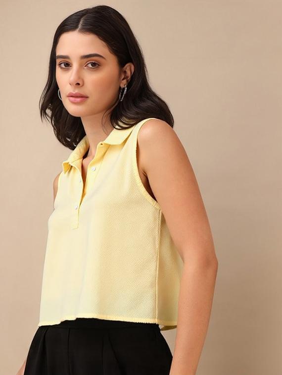 women solid collared regular fit crop top - 22030705 - Standard Image - 1