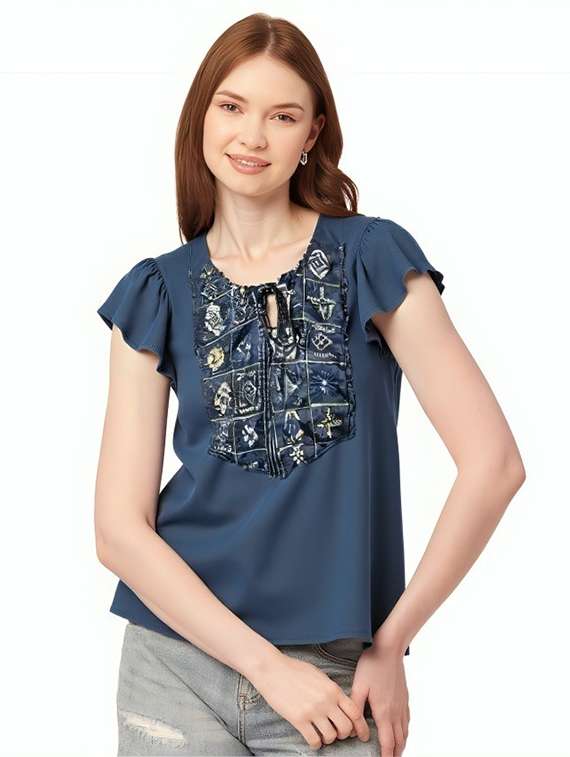 women solid with work tie up neck top - 22030709 - Standard Image - 1