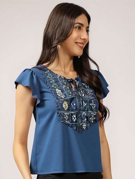 women solid with work tie up neck top - 22030710 -  Standard Image - 1