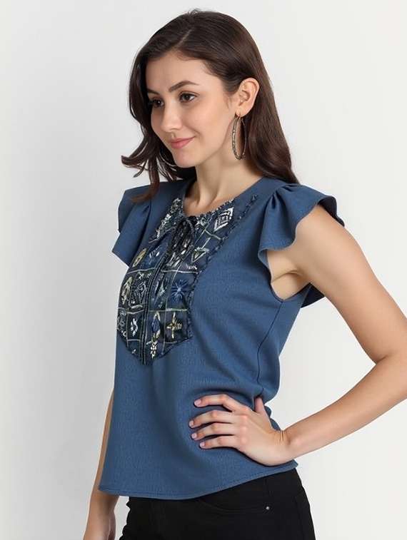 women solid with work tie up neck top - 22030712 - Standard Image - 1