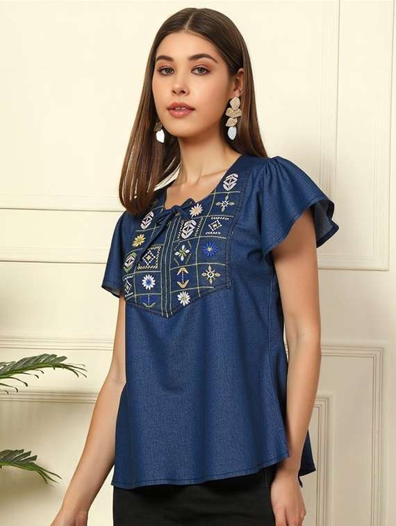 women solid with work tie up neck top - 22030714 - Standard Image - 1