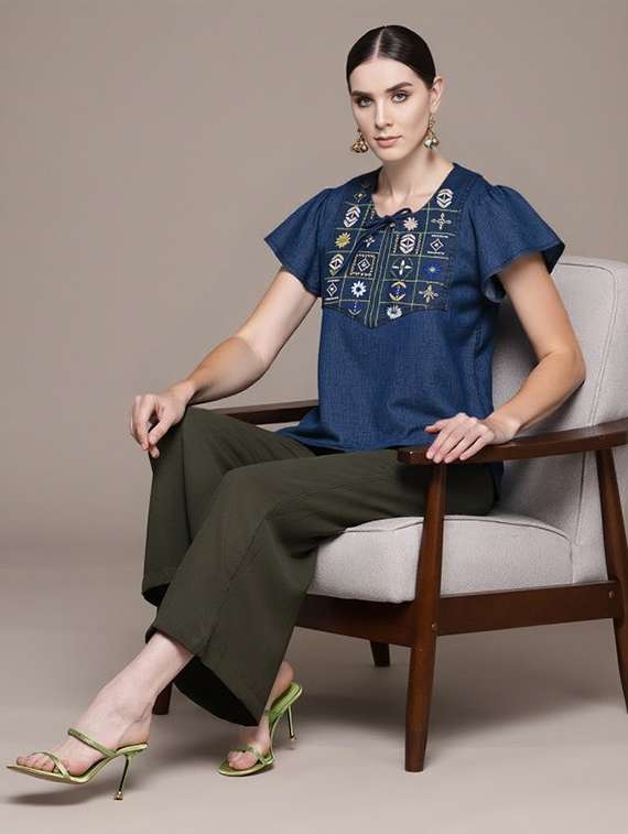 women solid with work tie up neck top - 22030715 -  Standard Image - 1