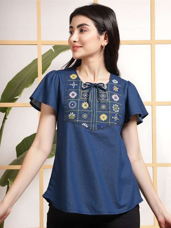 women solid with work tie up neck top - 22030716 -  Standard Image - 1