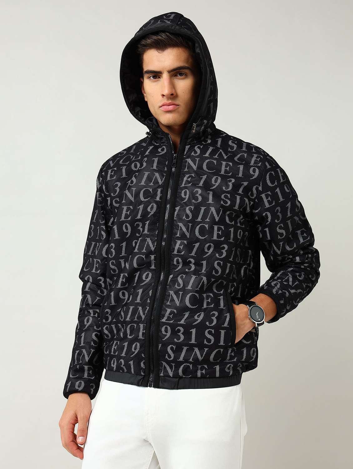 men typographic long sleeve hooded jacket - 22030814 -  Standard Image - 1