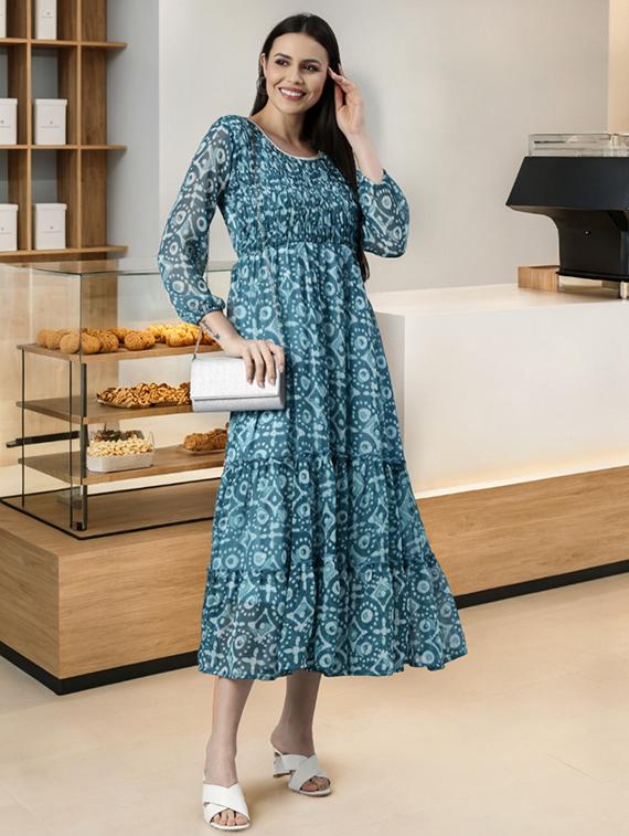 women printed long sleeve tiered midi dress - 22030919 -  Standard Image - 1