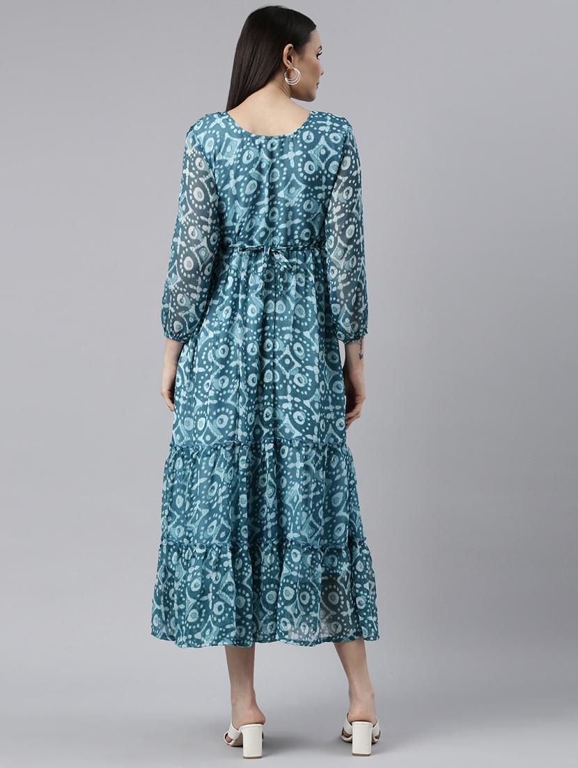 women printed long sleeve tiered midi dress - 22030919 - Standard Image - 4