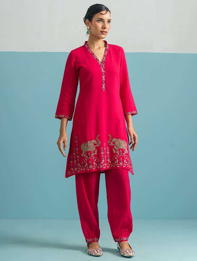 women embroidered three quarter sleeve ethnic co-ord set - 22030922 -  Standard Image - 1