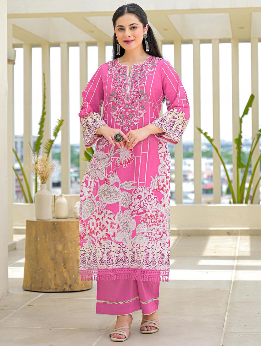 women embroidered three quarter sleeve kurta palazzo with dupatta set - 22030924 -  Standard Image - 1