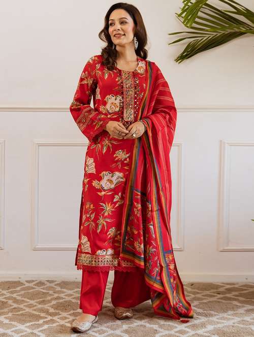 women floral long sleeve kurta palazzo with dupatta set - 22030926 - Standard Image - 0