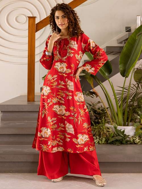women floral long sleeve kurta palazzo set - 22030927 - Standard Image - 0