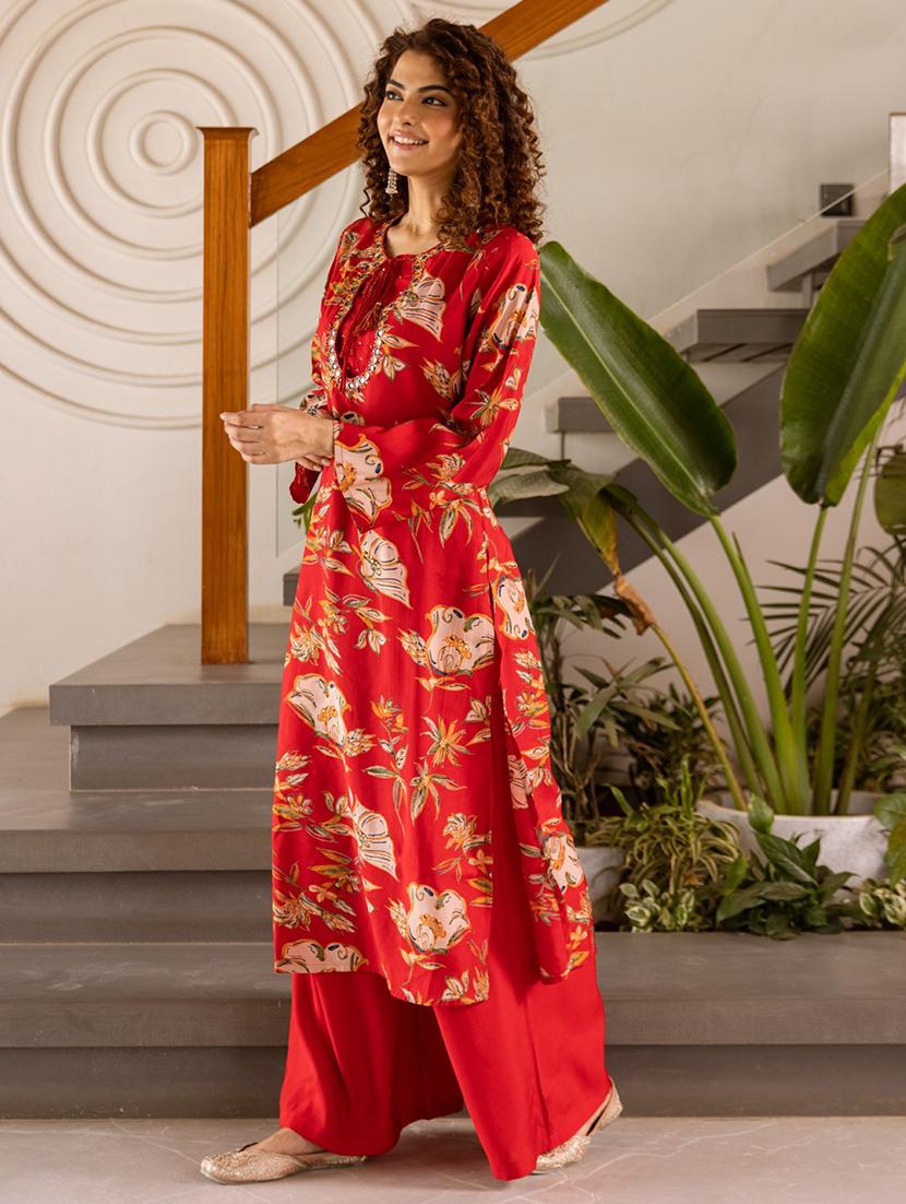 women floral long sleeve kurta palazzo set - 22030927 -  Standard Image - 1