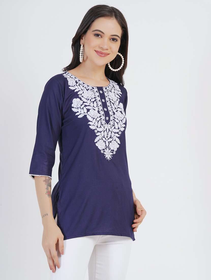 women chikankari three quarter sleeve straight kurti - 22030974 -  Standard Image - 1