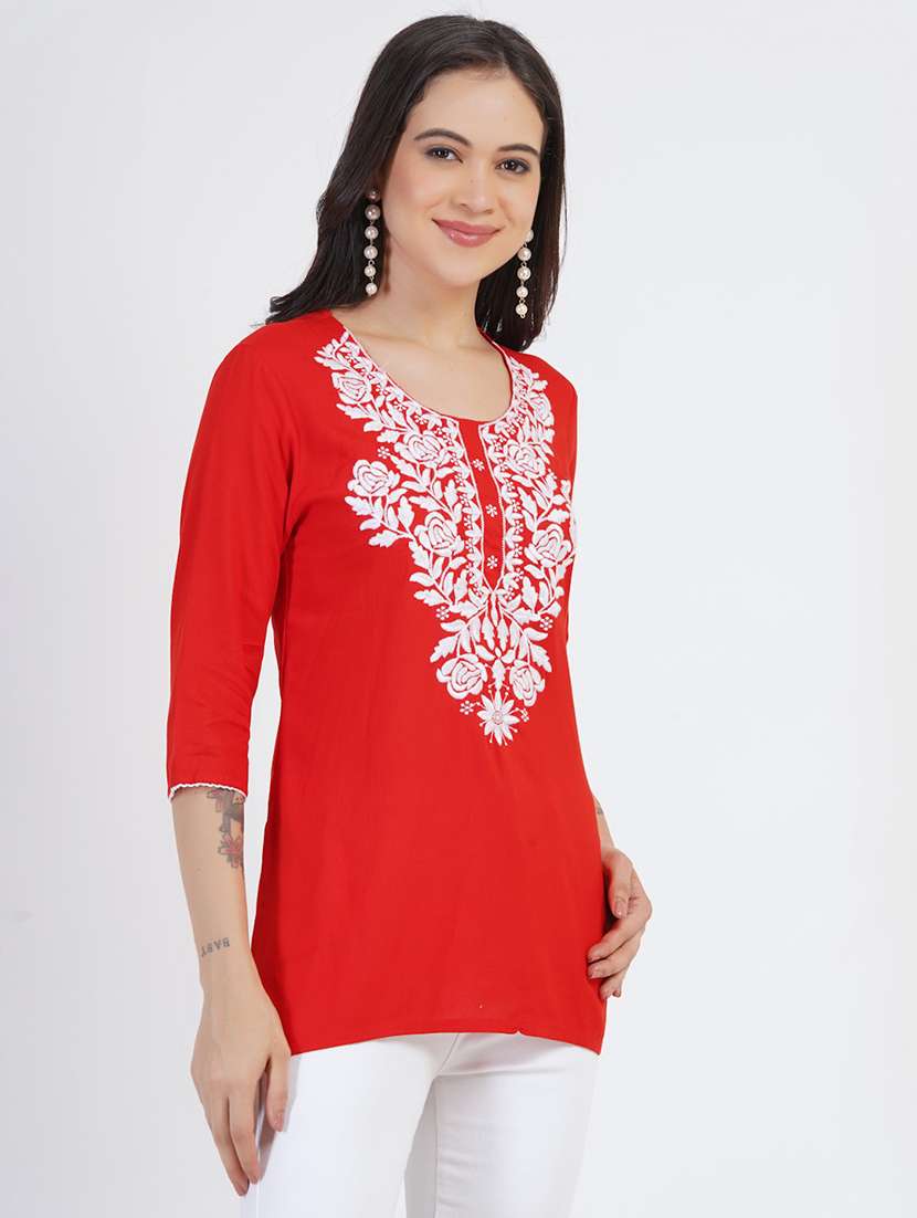women chikankari three quarter sleeve straight kurti - 22030976 -  Standard Image - 1