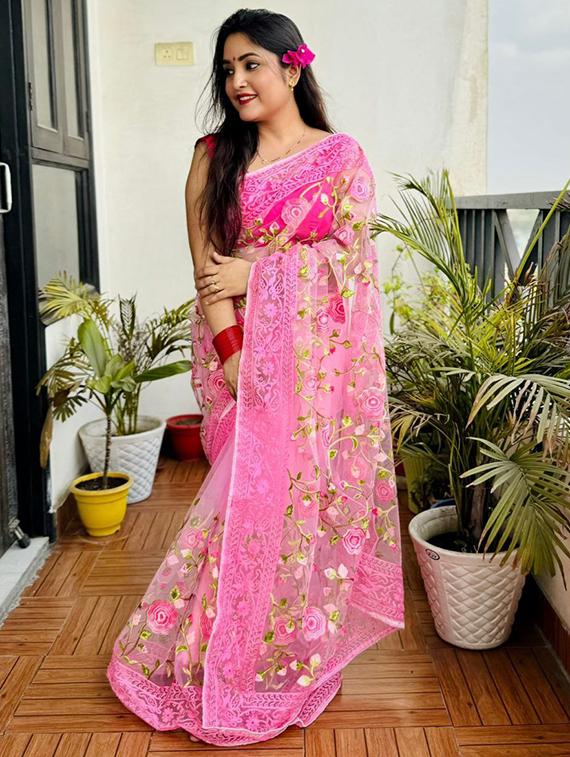 women solid with work embroidered saree with blouse - 22031007 -  Standard Image - 1