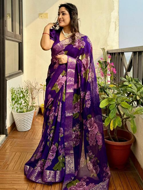 women floral printed bordered saree with blouse - 22031008 -  Standard Image - 0