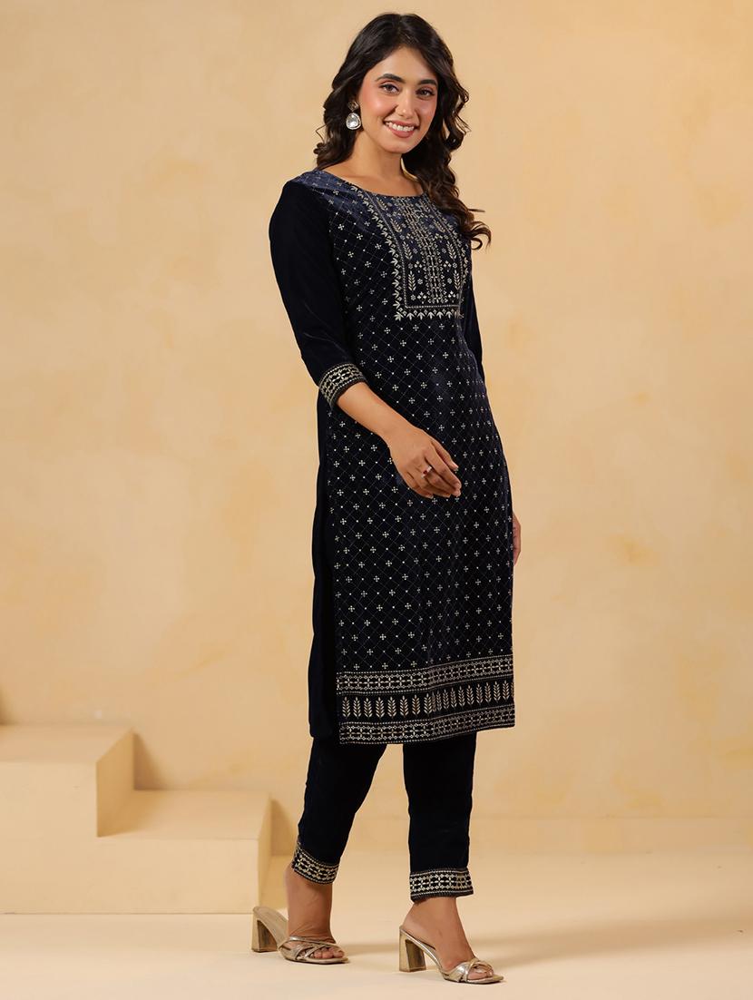 women embroidered round neck kurta and pant set - 22031057 - Standard Image - 1