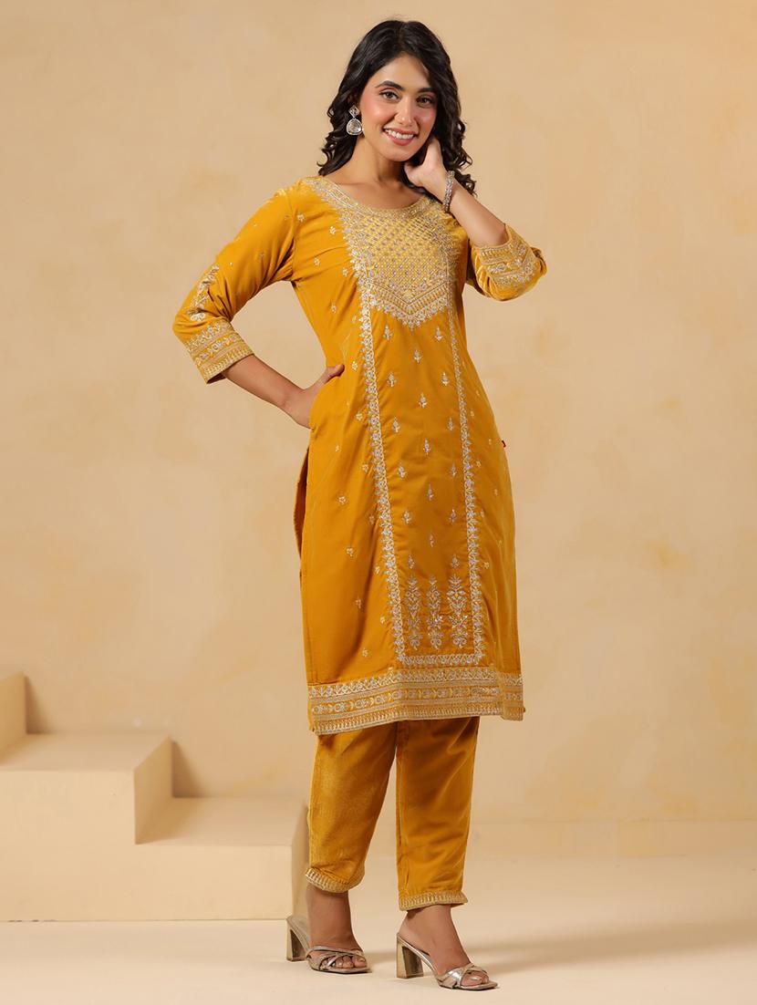 women embroidered round neck kurta and pant set - 22031058 - Standard Image - 1