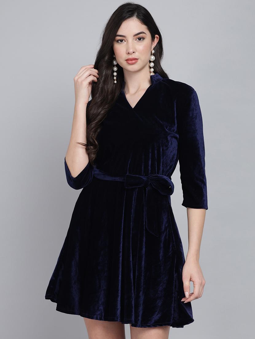women solid three quarter sleeve fit & flare dress - 22031463 - Zoom Image - 0