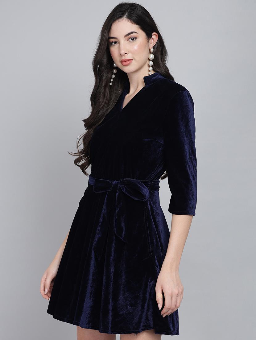 women solid three quarter sleeve fit & flare dress - 22031463 - Standard Image - 1