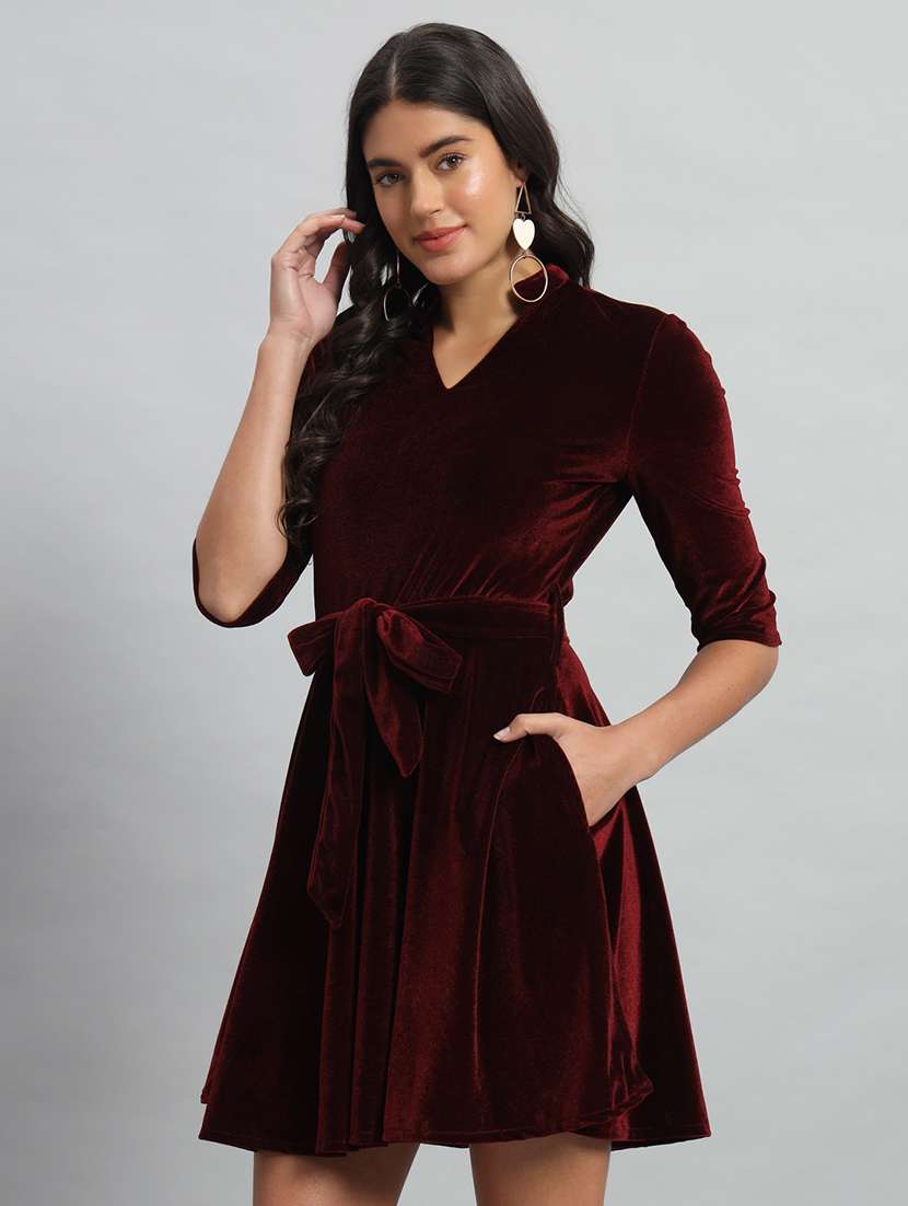 women solid three quarter sleeve fit & flare dress - 22031464 - Standard Image - 1
