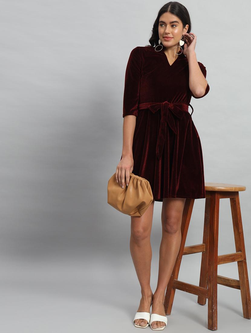 women solid three quarter sleeve fit & flare dress - 22031464 - Standard Image - 4