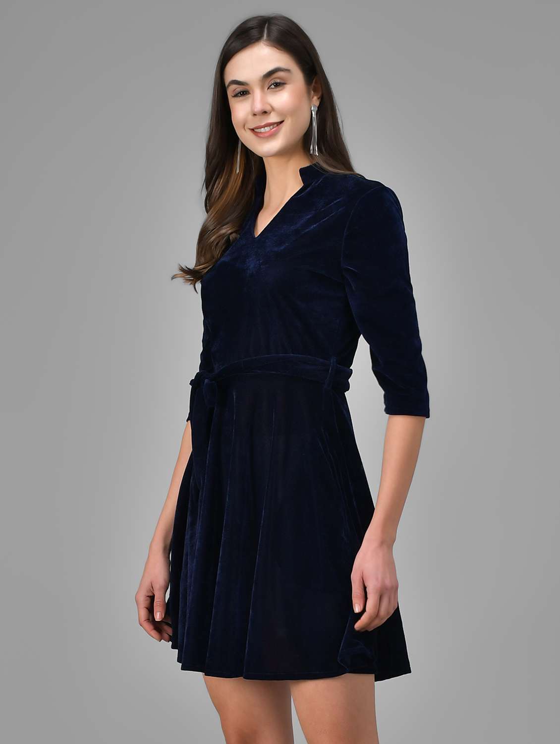 women solid three quarter sleeve fit & flare dress - 22031465 -  Standard Image - 1