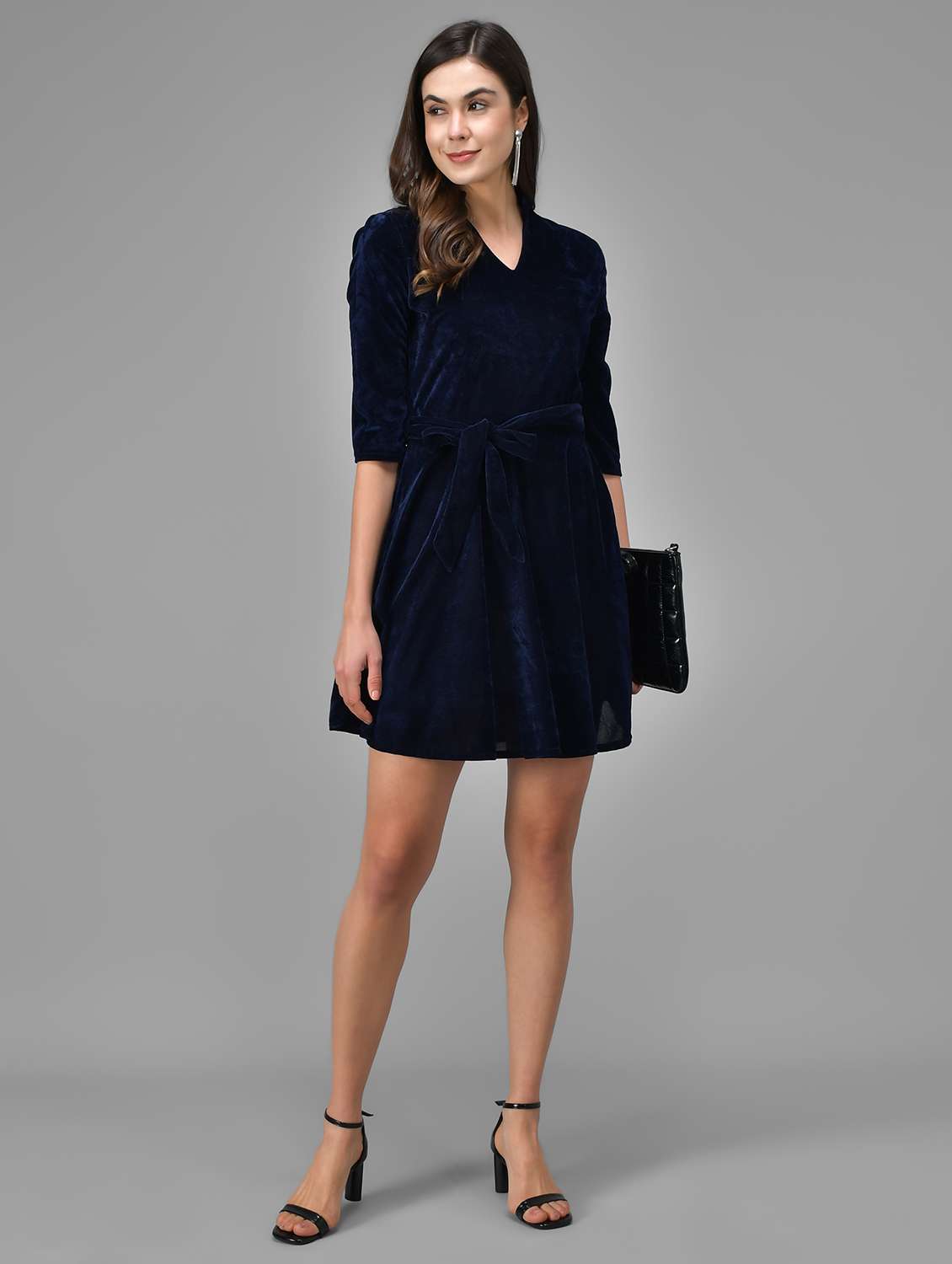 women solid three quarter sleeve fit & flare dress - 22031465 -  Standard Image - 4