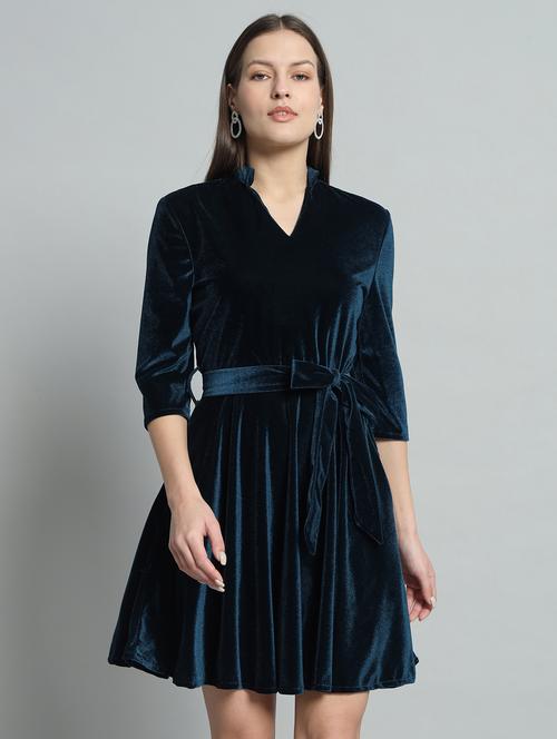 women solid three quarter sleeve fit & flare dress - 22031466 - Standard Image - 0