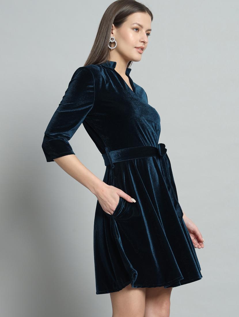 women solid three quarter sleeve fit & flare dress - 22031466 - Standard Image - 1