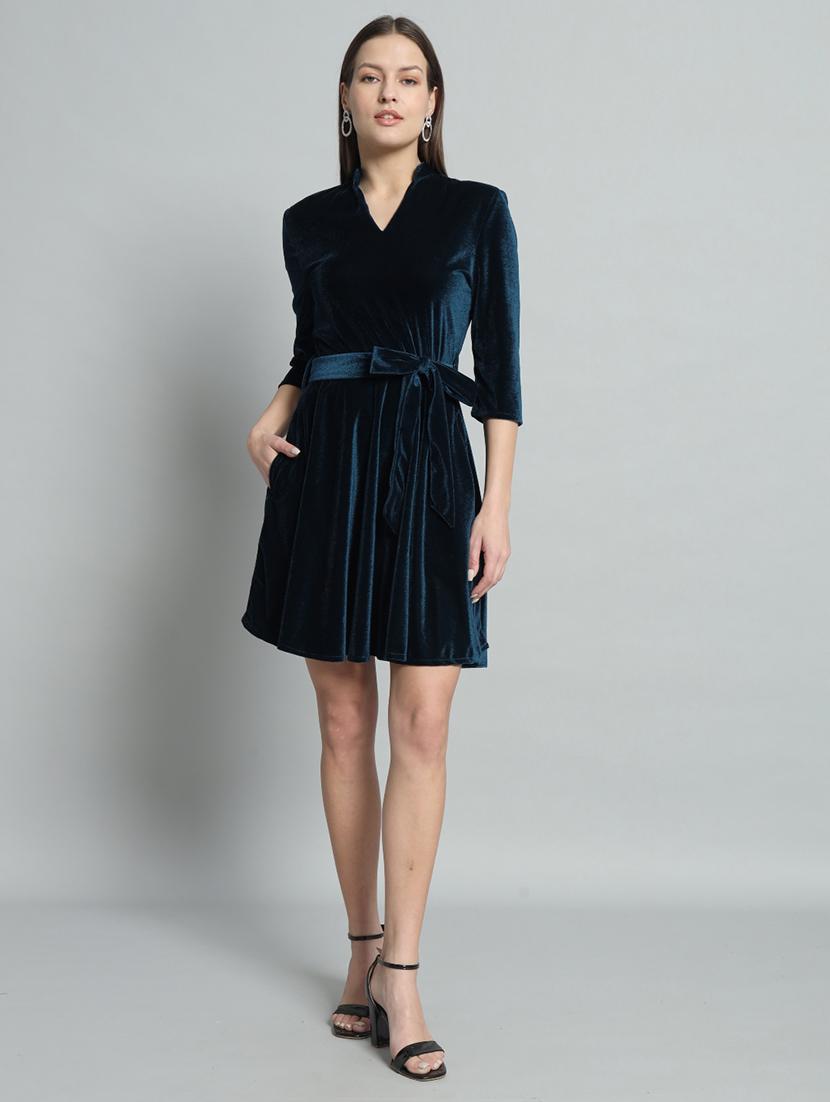 women solid three quarter sleeve fit & flare dress - 22031466 - Standard Image - 4