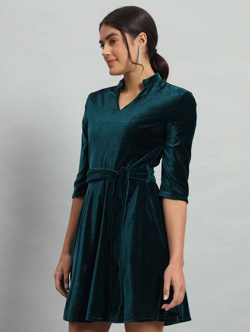 women solid three quarter sleeve fit & flare dress - 22031467 -  Standard Image - 1