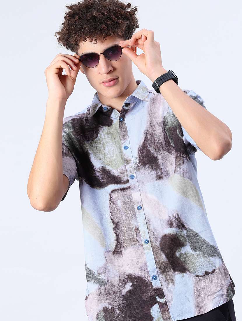 men printed short sleeve regular fit casual shirt